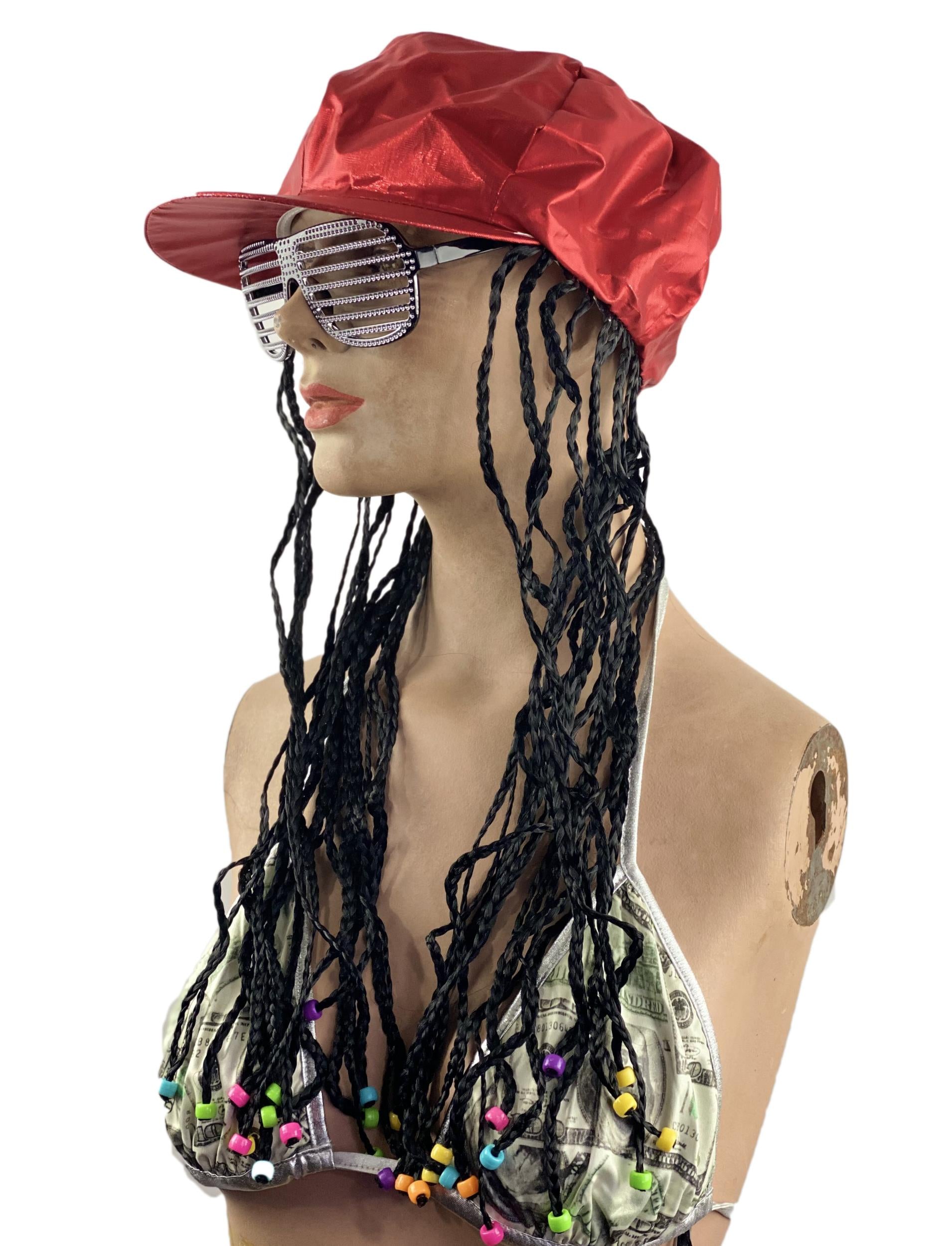 Red Alicia Go Go Cap with Attached Black Braids Wigs and Colorful Beads by HalloweenStore.com