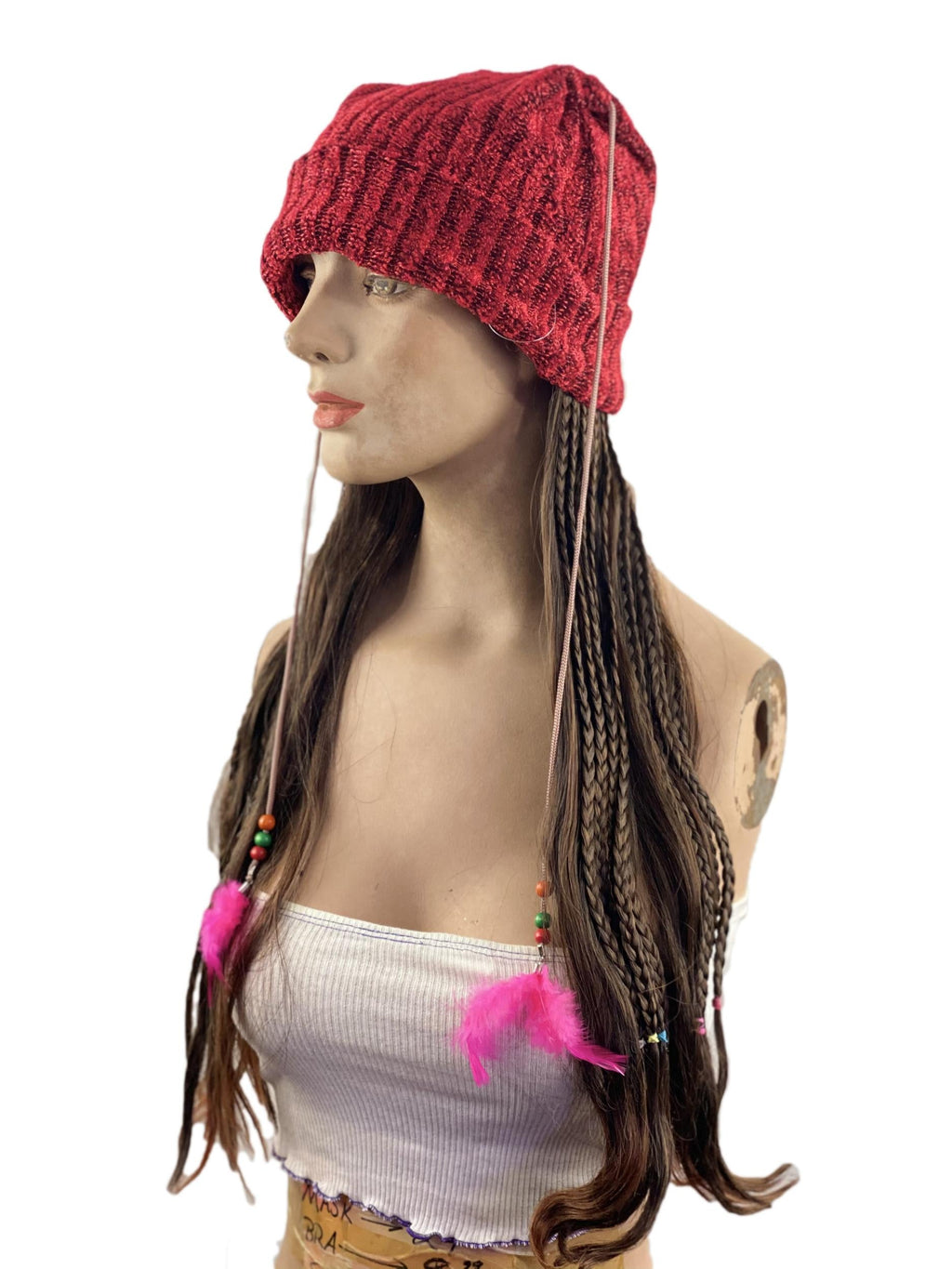 Women's Knit Beanie Cap with Attached Hair Mixed Braids with Beads and Feathers by HalloweenStore.com