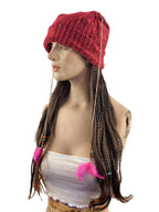Women's Knit Beanie Cap with Attached Hair Mixed Braids with Beads and Feathers by HalloweenStore.com