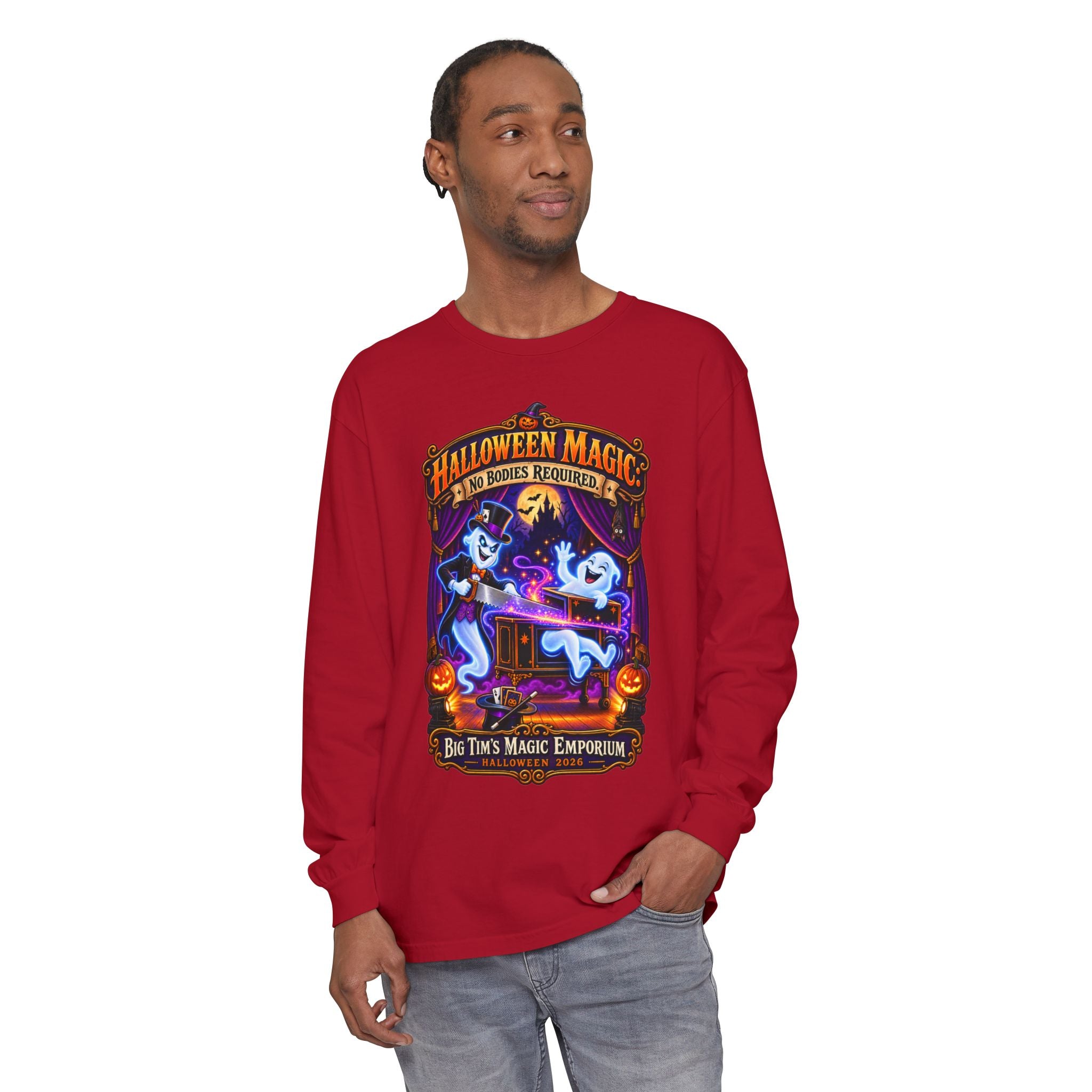 Halloween Magic Long Sleeve Tee — "No Bodies Required" Ghosts Design by Printify