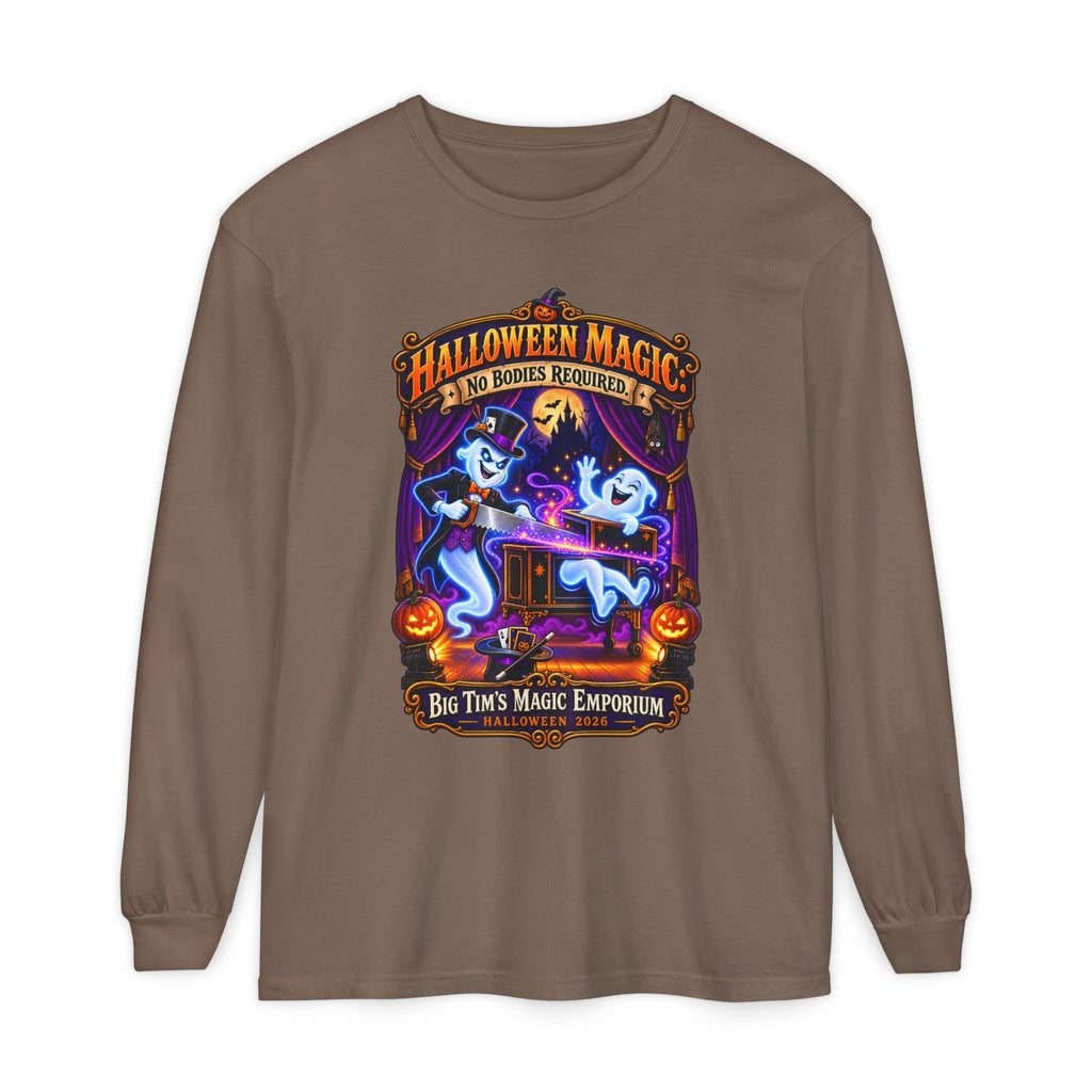 Halloween Magic Long Sleeve Tee — "No Bodies Required" Ghosts Design by Printify