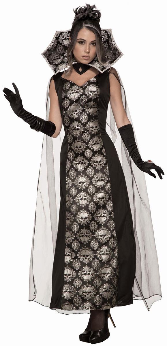 Dark Countess Adult Vampire Skull Dress Black and Silver by HalloweenStore.com