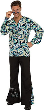 Disco Hippie 70's Blue Swirl Collared Shirt and Bell Bottom Pants Costume by HalloweenStore.com