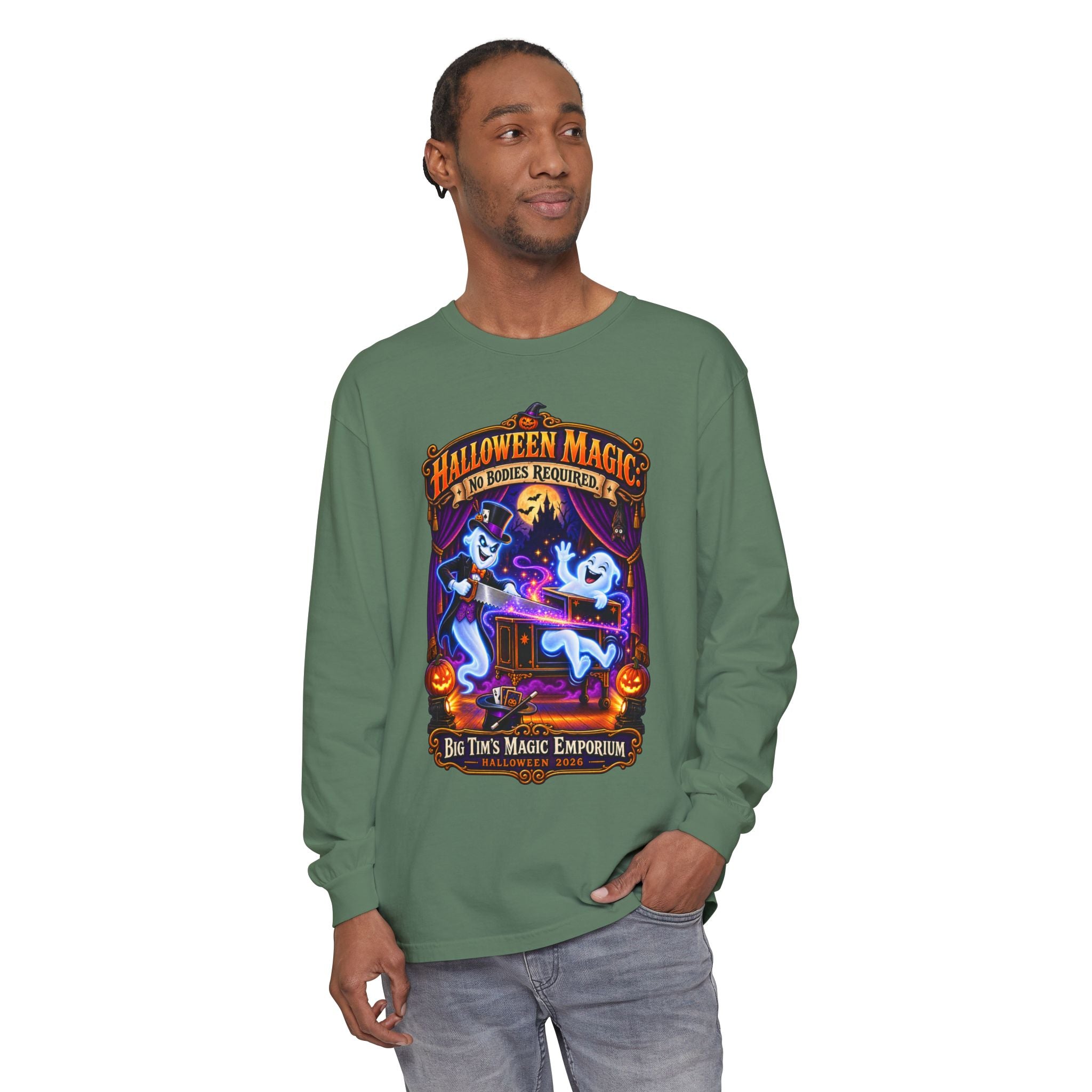 Halloween Magic Long Sleeve Tee — "No Bodies Required" Ghosts Design by Printify