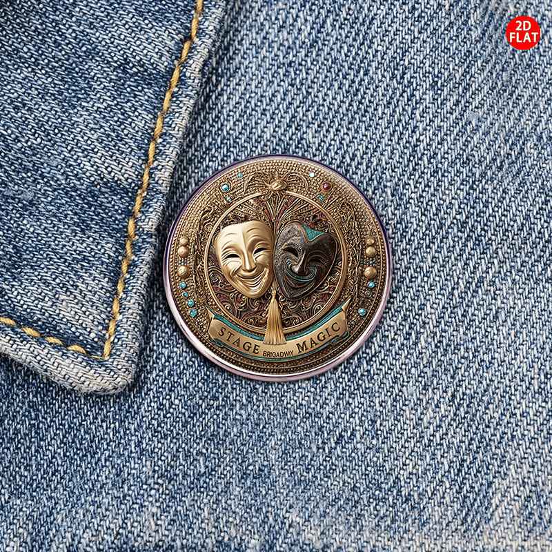 2D Plane, Retro Theatrical Mask Stainless Steel Brooch Broadway Stage Magic Theme Chest Ornament Exquisite Embossed Craft Metal Badge Literary Drama Lovers Additions Cross-Border Hot Style Personalized Clothing Pin Creative Stage Play Element Collec