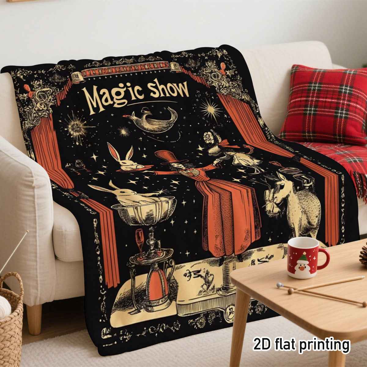 1pc a Two-Dimensional Flat Vintage Magic Show Throw Blanket Featuring a Magician And Rabbit in a Circus Setting. This Ultra-Soft Plush Flannel Blanket Is Perfect for Sofas And Living Rooms, Making It an Ideal Gift for Women And Circus Fans