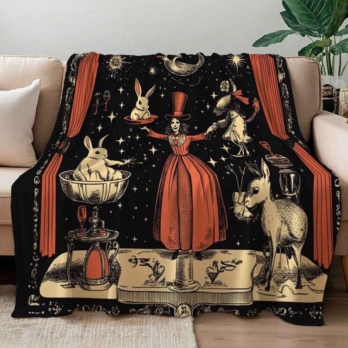 1pc a Two-Dimensional Flat Vintage Magic Show Throw Blanket Featuring a Magician And Rabbit in a Circus Setting. This Ultra-Soft Plush Flannel Blanket Is Perfect for Sofas And Living Rooms, Making It an Ideal Gift for Women And Circus Fans
