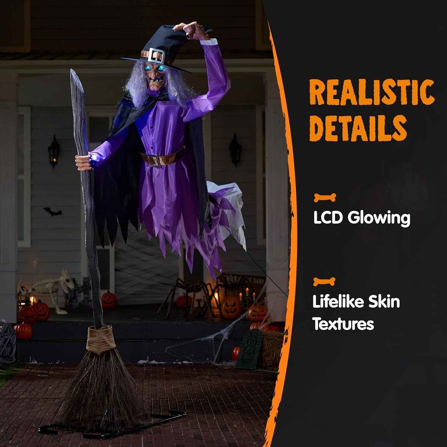 8FT Halloween Animated Flying Witch Outdoor Decoration with a Broom, Featuring Light-Up Eyes And a Creepy Voice, Perfect for Haunted House Displays in Your Yard
