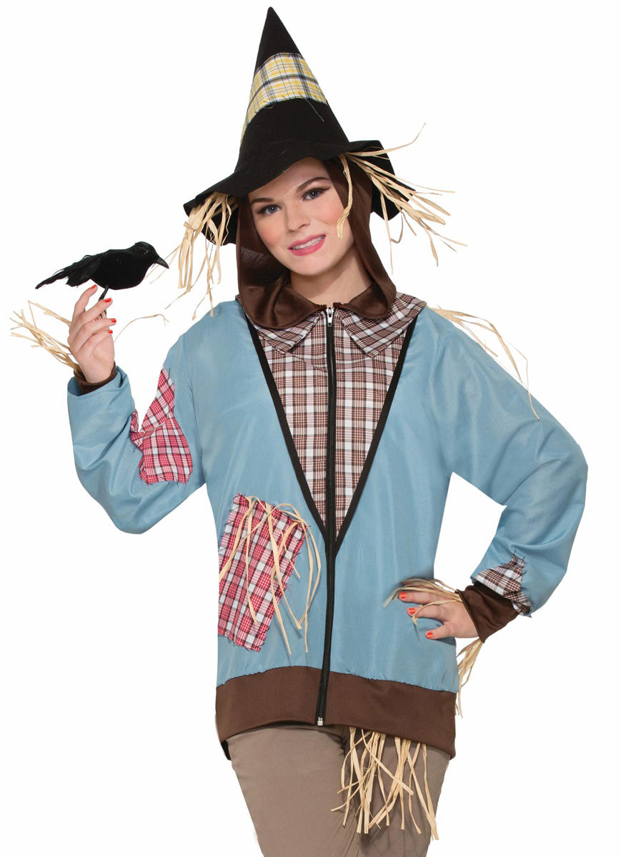 Scarecrow Hoodie Zip Jacket With Attacked Hat Adult Size Costume by HalloweenStore.com
