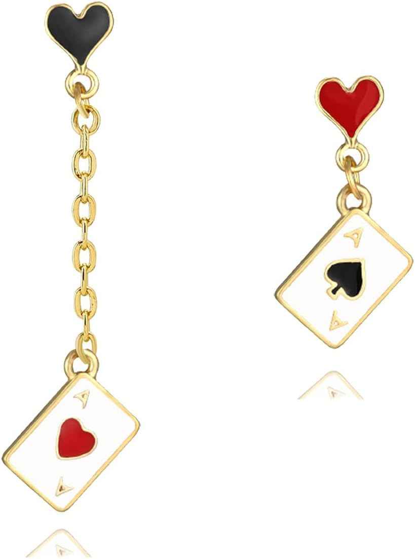 Queen Of Hearts Poker Earring, Star Hat Rabbit Clock Magician Casino Costume Accessories, Cute Asymmetrical Unique Dangle Drop Earrings Gift for Women