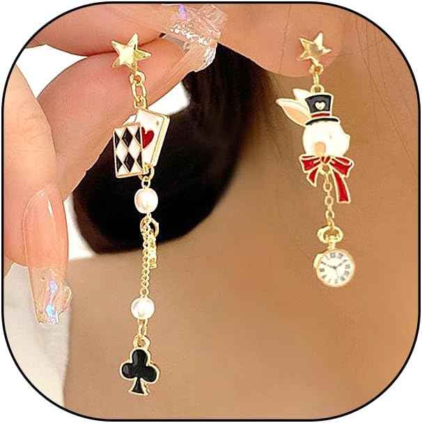 Queen Of Hearts Poker Earring, Star Hat Rabbit Clock Magician Casino Costume Accessories, Cute Asymmetrical Unique Dangle Drop Earrings Gift for Women