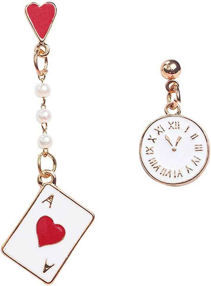 Queen Of Hearts Poker Earring, Star Hat Rabbit Clock Magician Casino Costume Accessories, Cute Asymmetrical Unique Dangle Drop Earrings Gift for Women