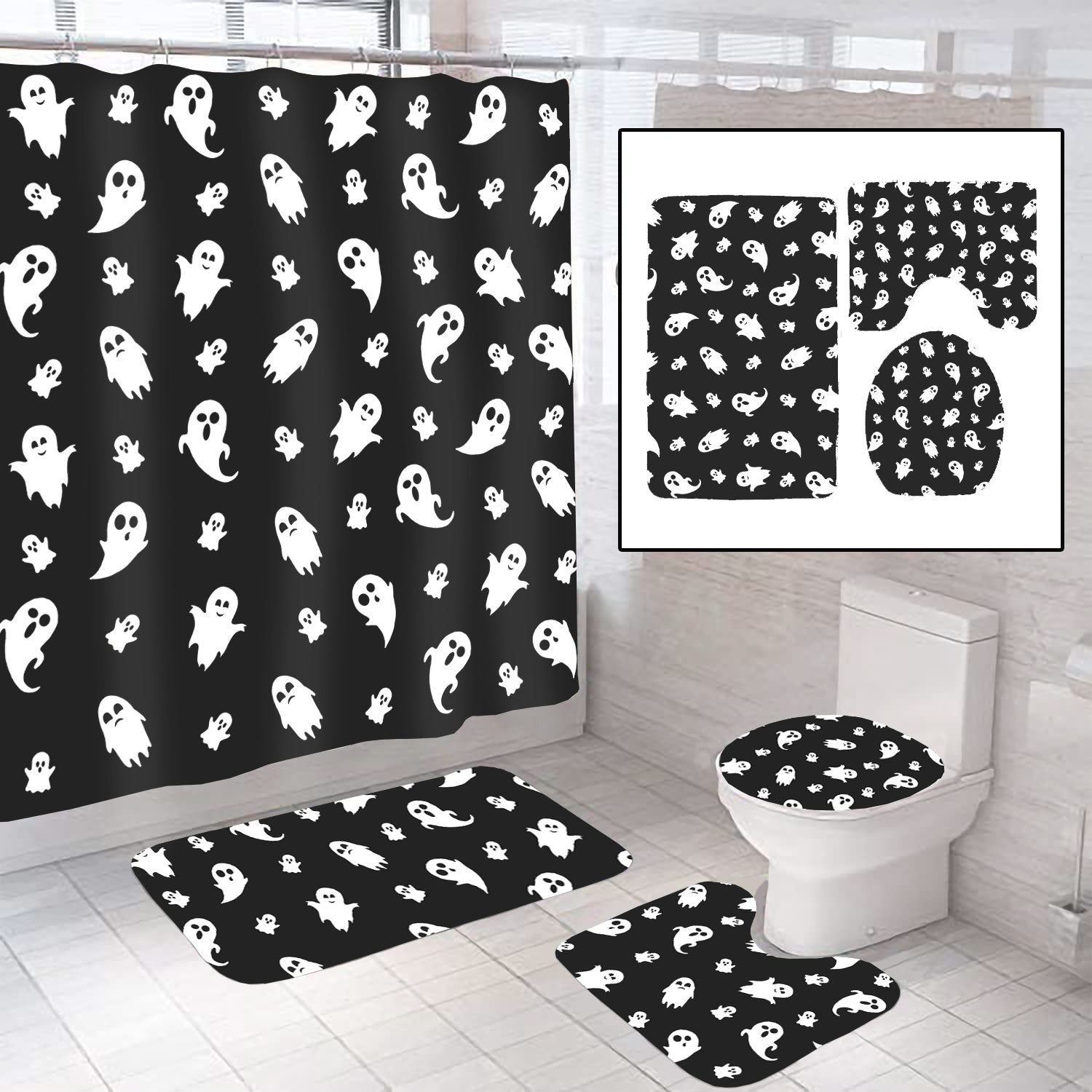 Ghost Bathroom Decoration Set Shower Curtain - Mats - Toilet Cover by HalloweenStore.com