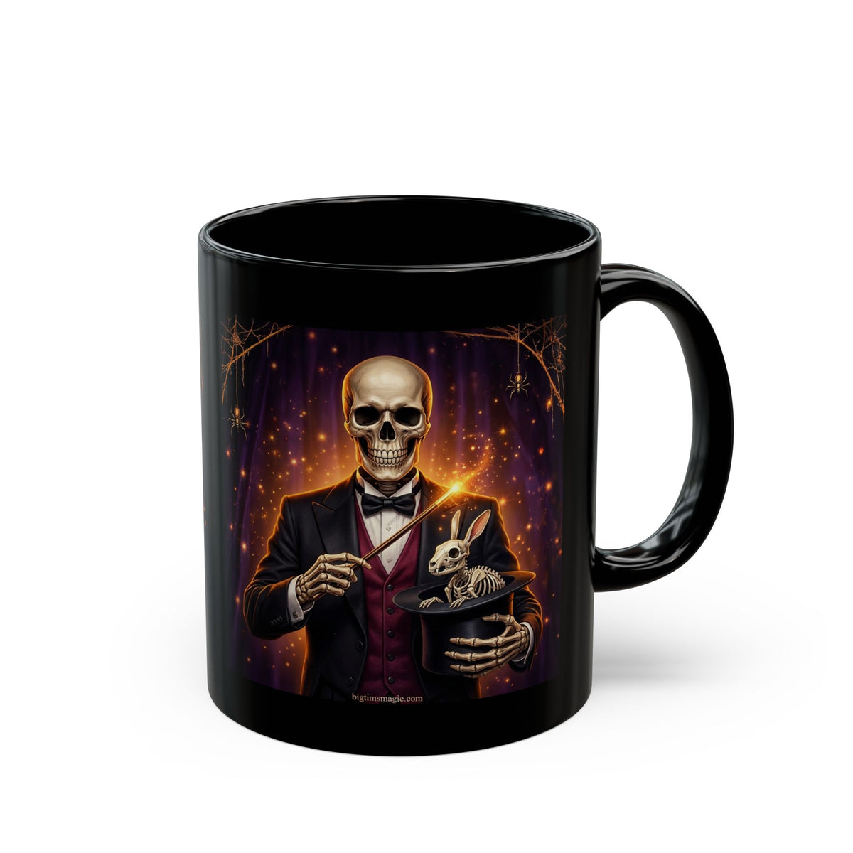 Skeleton Magician Black Mug — Halloween Skull & Rabbit Magic Coffee Cup by Printify