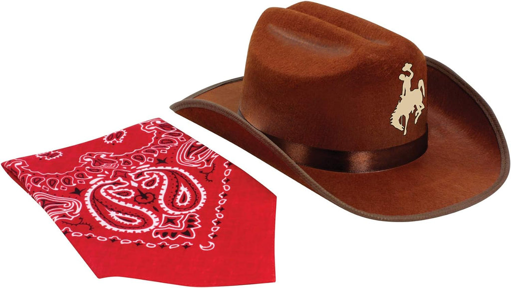 Jr Brown Cowboy Bronco Logo Hat with Red Bandana Kids Child Hat by HalloweenStore.com