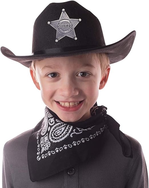 Jr Black Cowboy Hat with Bandana and Attached Badge Kids Child Hat by HalloweenStore.com