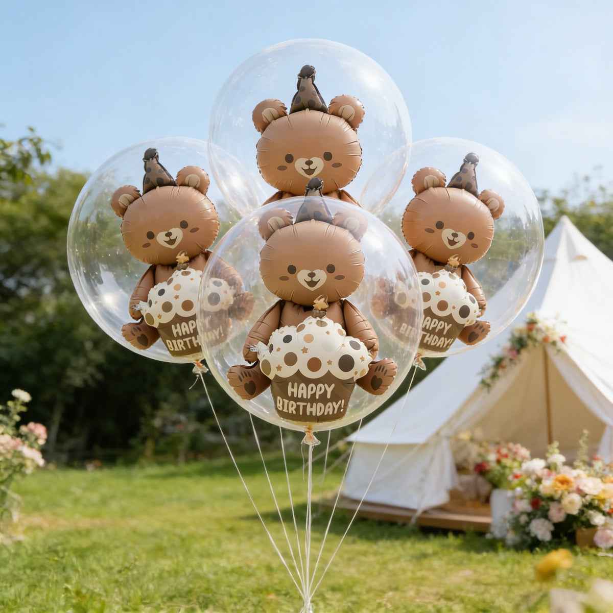 3pcs Transparent Popo Ball And Cake Bear Aluminum Foil Balloon | Photo Booth Prop, Wedding, Anniversary, Outdoor Party, Celebration Wall, Party Entrance Decoration, Party Decoration, Dining Table Central Decoration, Spring, Summer, Easter
