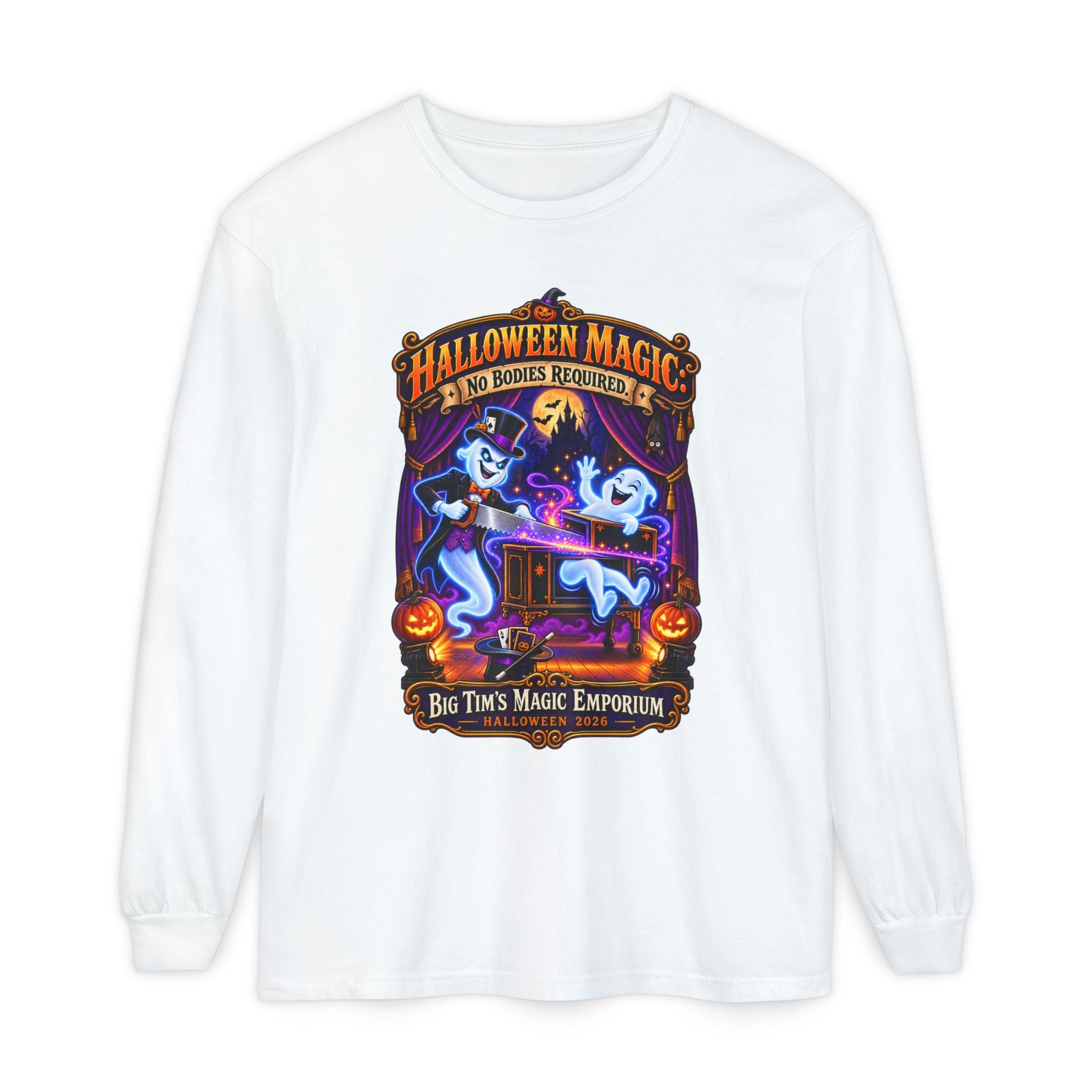 Halloween Magic Long Sleeve Tee — "No Bodies Required" Ghosts Design by Printify