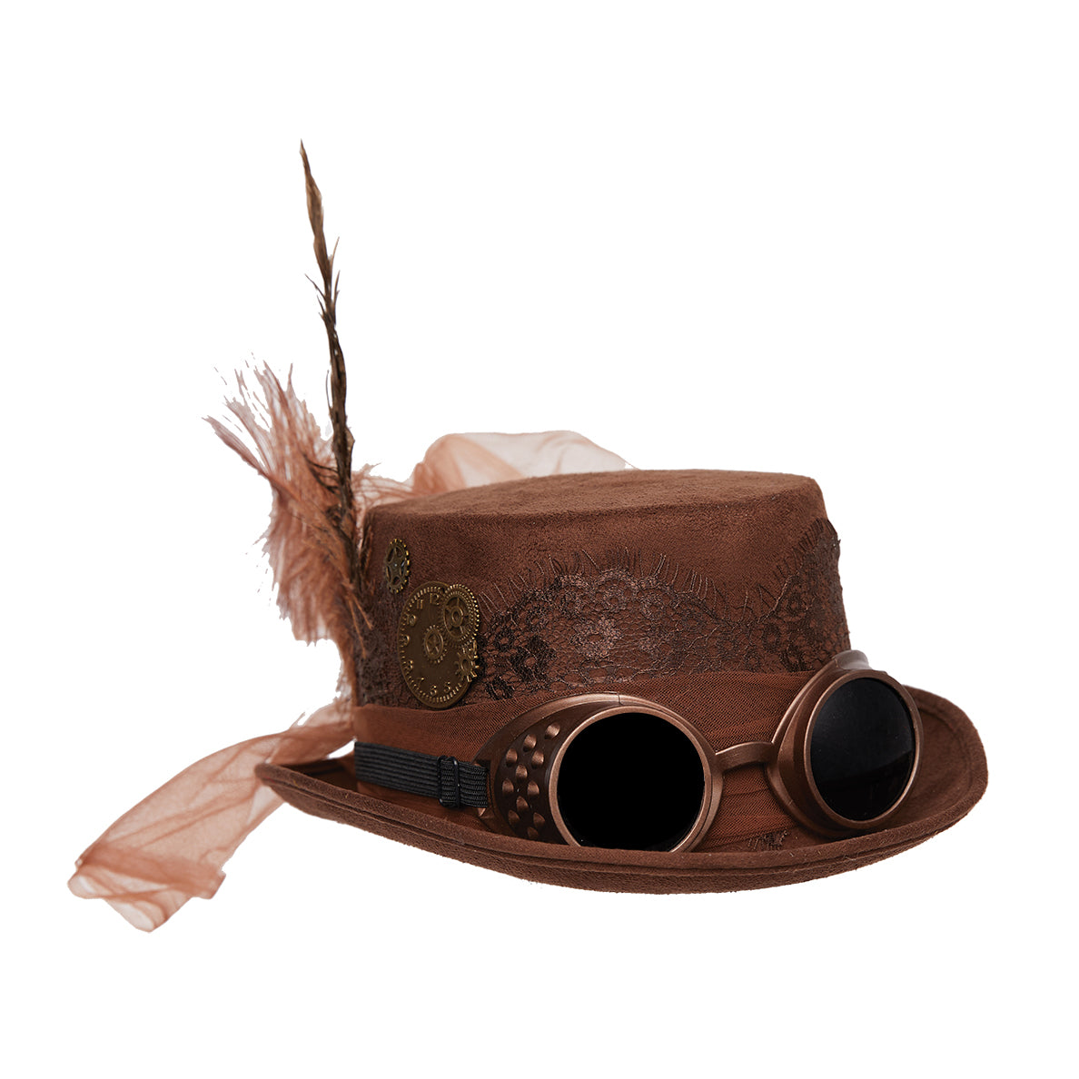 Brown Steampunk Top Hat With Attached Goggles by HalloweenStore.com