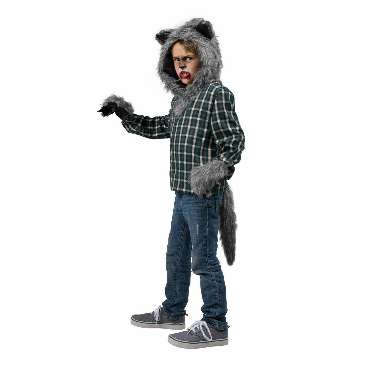 Child Werewolf Fur Hood Tail and Gloves Costume Kit by HalloweenStore.com