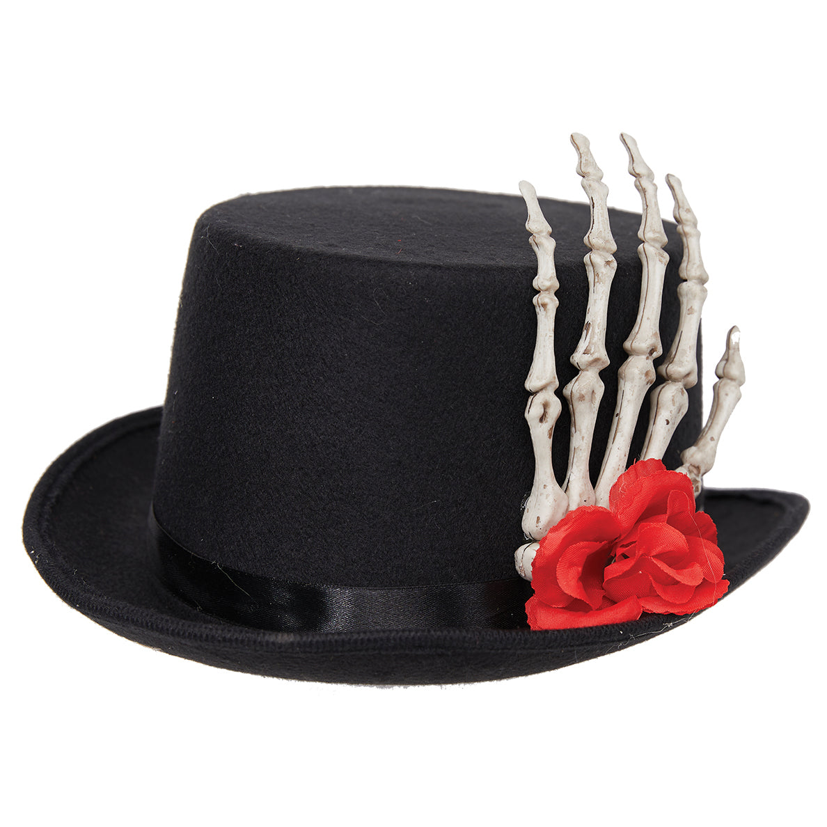 Voodoo Black Hat Top Hat with Skull Hand, Bone and Flower Detail by HalloweenStore.com