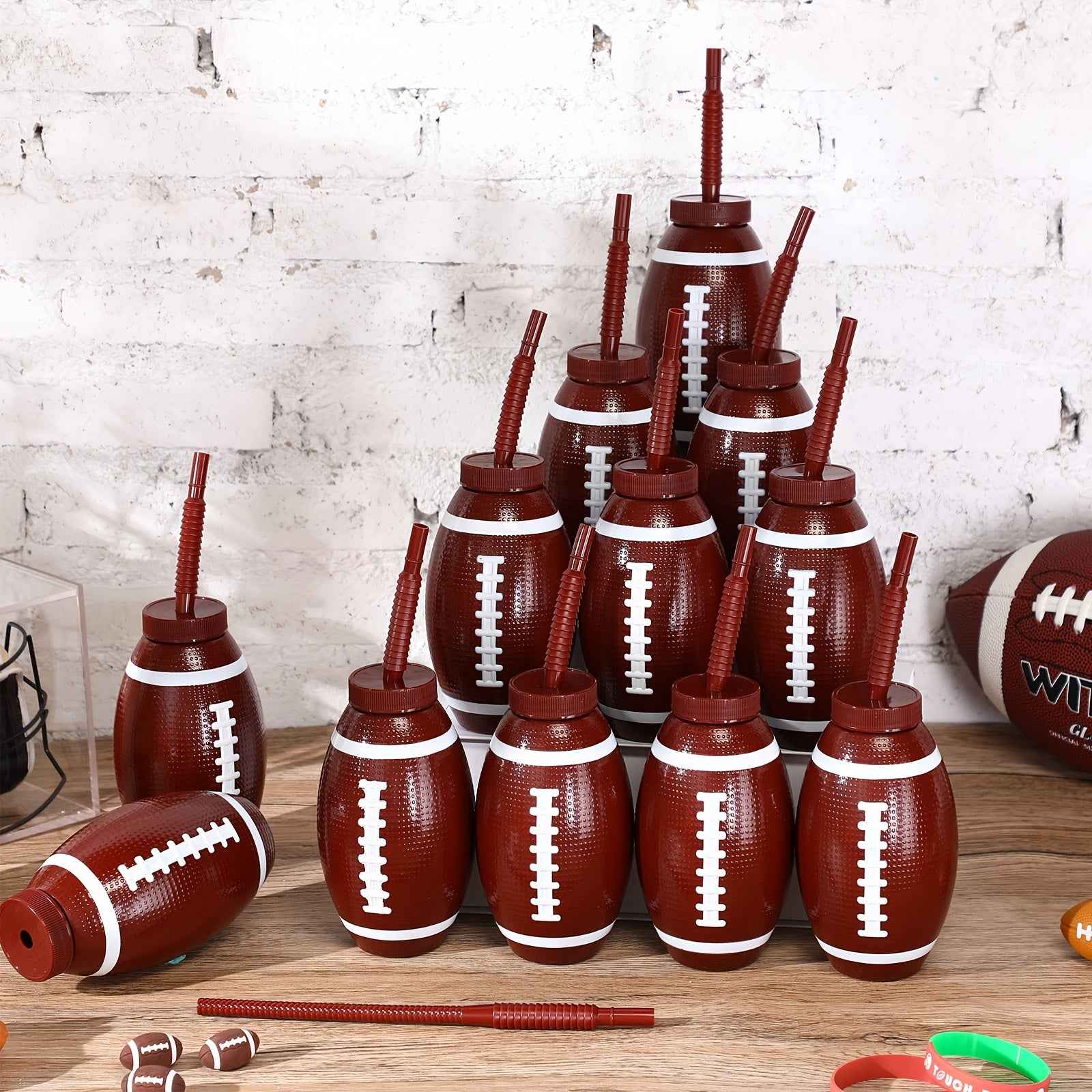 12-Pack Football-Shaped Reusable Plastic Cups with Straws & Lids for Sports-Themed Party Celebrations