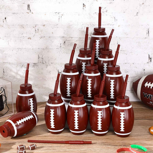 12-Pack Football-Shaped Reusable Plastic Cups with Straws & Lids for Sports-Themed Party Celebrations