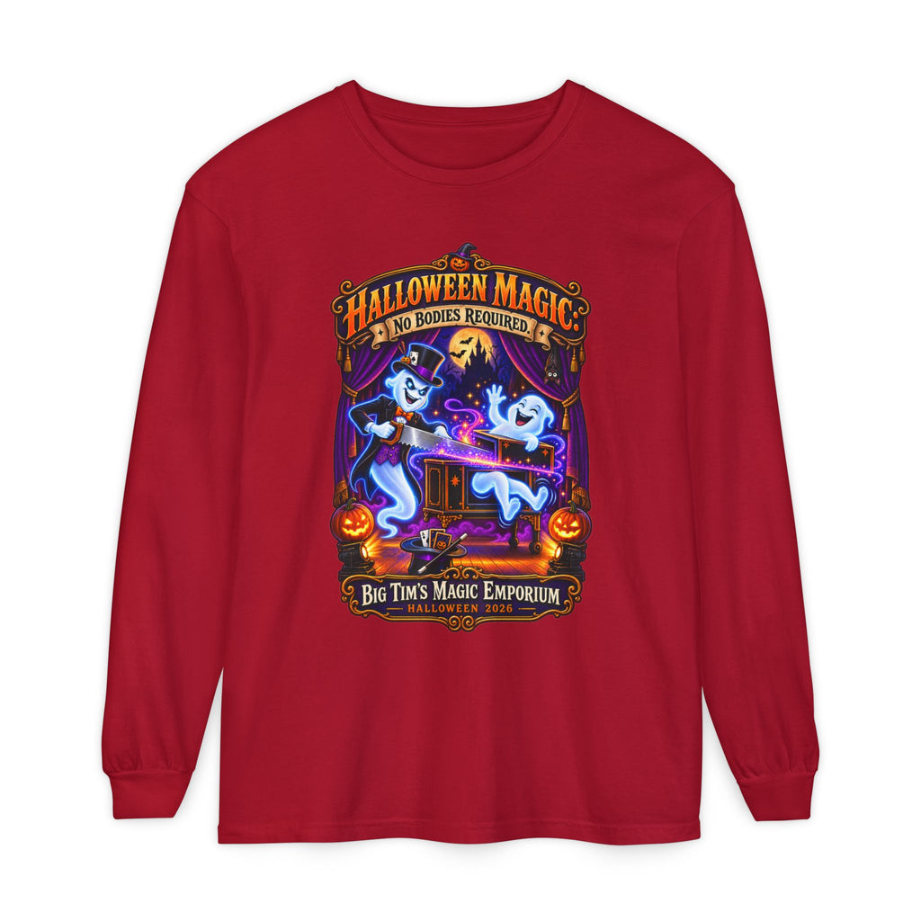 Halloween Magic Long Sleeve Tee — "No Bodies Required" Ghosts Design by Printify
