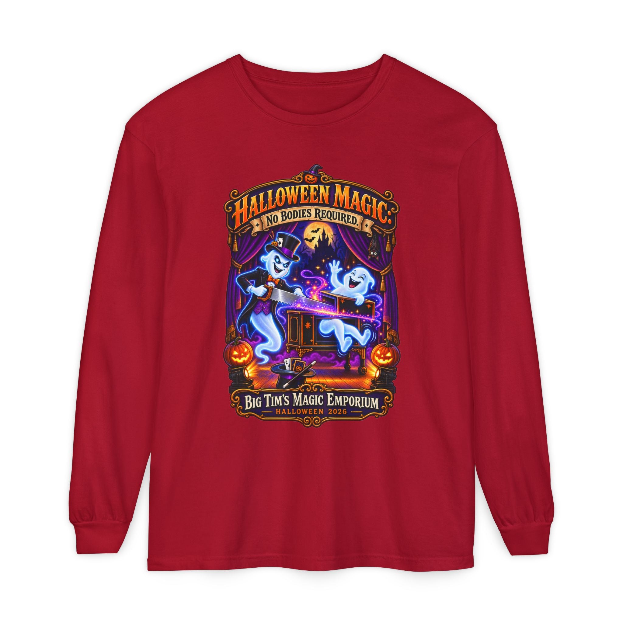 Halloween Magic Long Sleeve Tee — "No Bodies Required" Ghosts Design by Printify