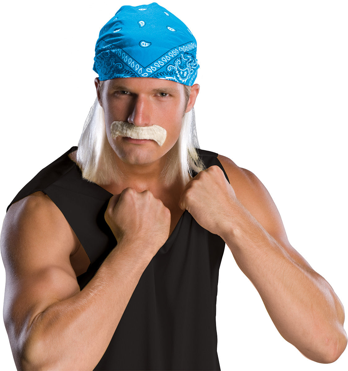 Blonde Wrestling Star Hulk Wig with Bandanna and Mustache by HalloweenStore.com