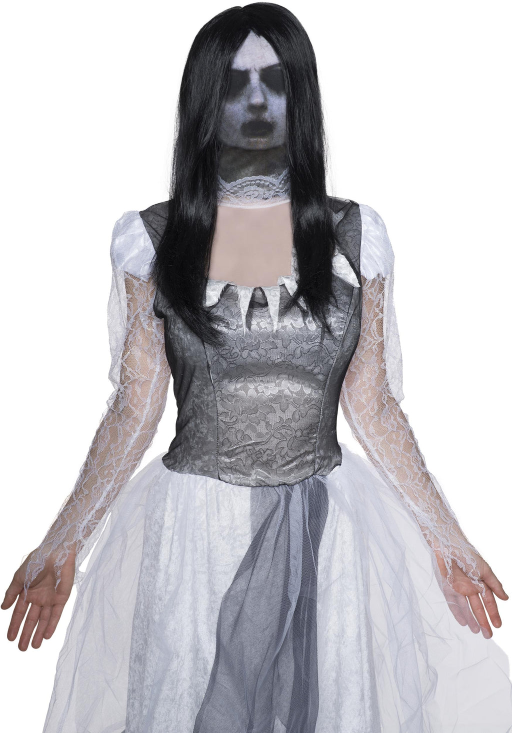 Adult Fabric Ghost Mask with Attached Long Black Wig by HalloweenStore.com
