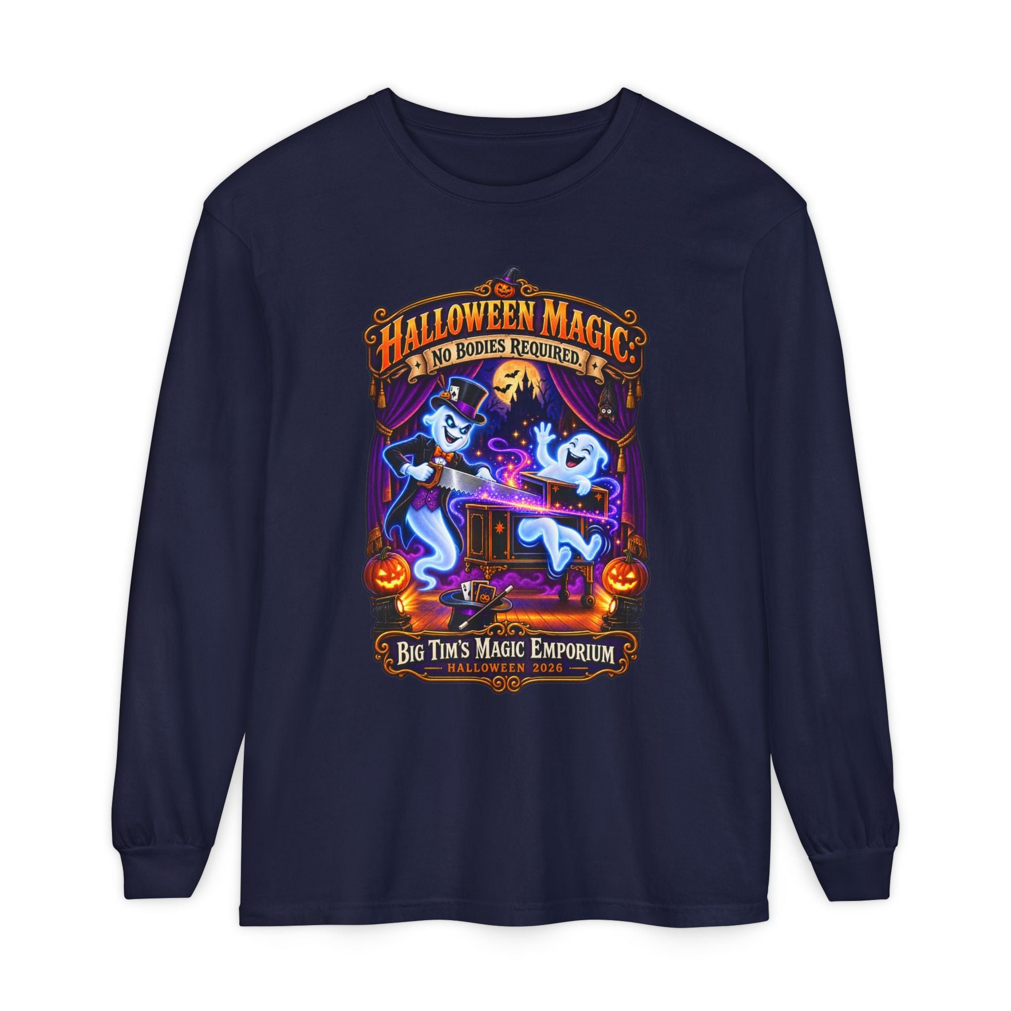 Halloween Magic Long Sleeve Tee — "No Bodies Required" Ghosts Design by Printify