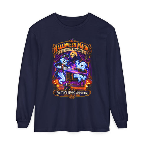 Halloween Magic Long Sleeve Tee — "No Bodies Required" Ghosts Design by Printify