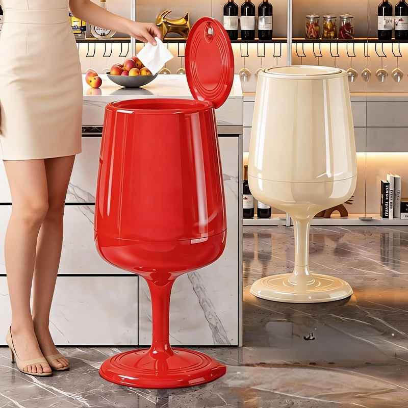 Tall Wine Glass Shaped Trash Can with Lid, Creative High-Legged Standing Floor Wastebasket, Modern Decorative Press-Top Rubbish Bin, Glossy Plastic Waste Bucket, Unique Home Accent Piece, for Kitchen Living Room Bedroom
