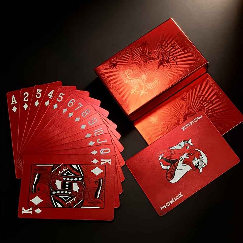 54 Golden Foil Red Series Standard Playing Cards • Made of White Core Paper Material, Surface Is Coated with a High-quality Matte, Making It Sturdy and Durable • Suitable Poker Games, Magic Shows, and Prank Scenarios • Essential Props Halloween