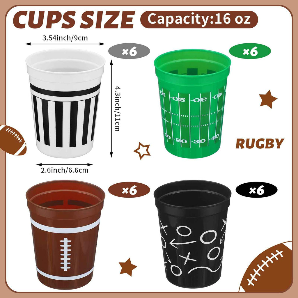 Set of 24 Football-Themed Plastic Cups, Each Holding 16 Ounces. These Reusable Cups Come in Four Different Designs And Are Perfect for Various Beverages Like, Beer, And Snacks, Making Them Ideal for Rugby Parties