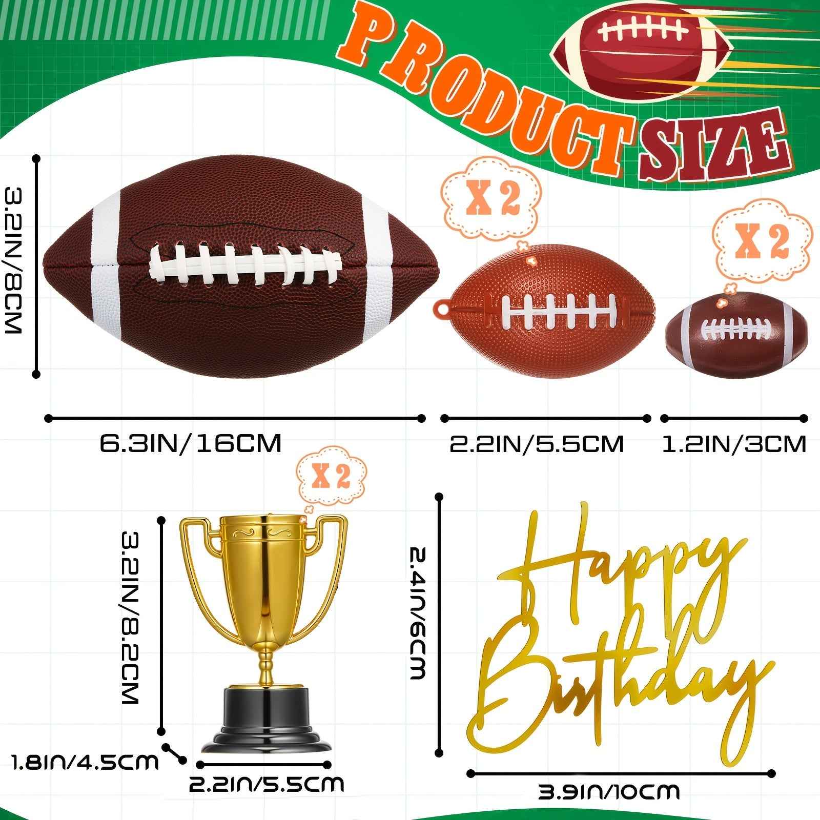 Celebrate in Style: 8-Piece Football Cake Toppers Set with Balls, Trophies, and Birthday Sign for Sports-Themed Parties