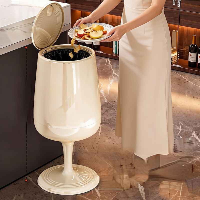 Tall Wine Glass Shaped Trash Can with Lid, Creative High-Legged Standing Floor Wastebasket, Modern Decorative Press-Top Rubbish Bin, Glossy Plastic Waste Bucket, Unique Home Accent Piece, for Kitchen Living Room Bedroom