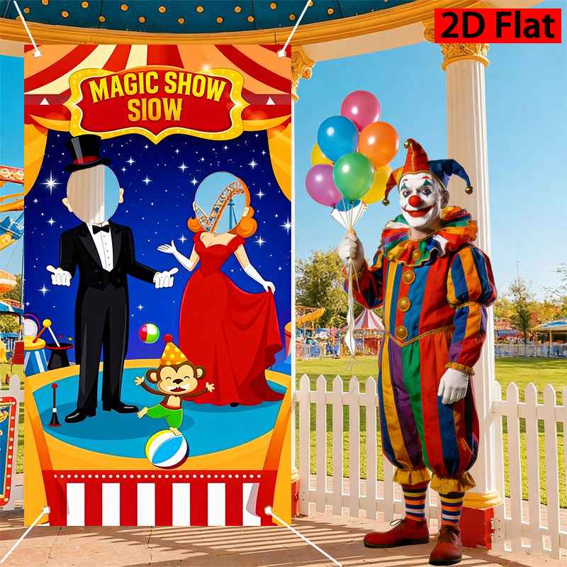 2D Flat, Magic Show Stage Carnival Photo Booth Banner with Magician, Assistant & Monkey - Red Magic-Themed Background Cloth Suitable for Birthday, Christmas, New Year Parties - -Season Party Decoration for Family, Friends, Colleagues Gatherings, 2D