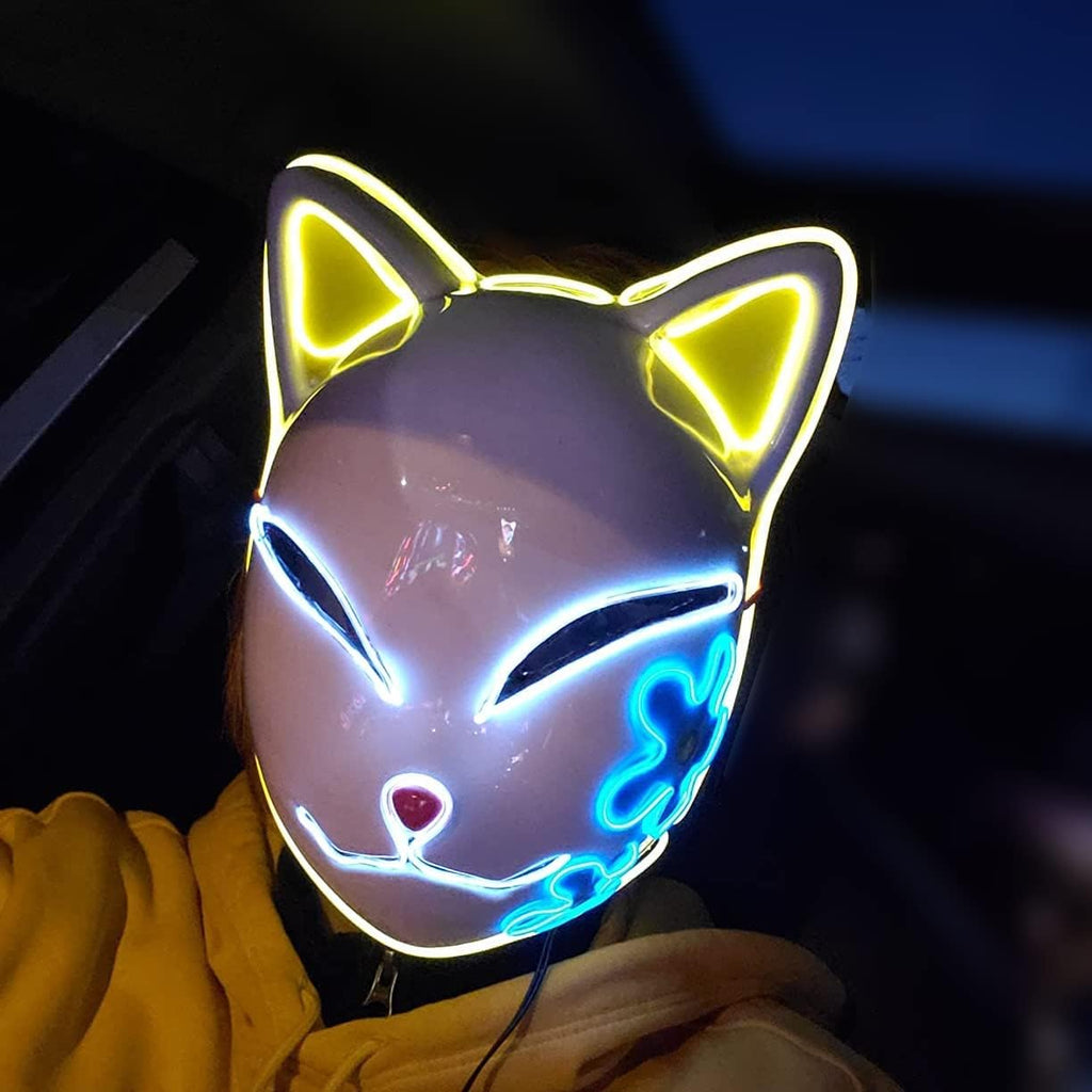 Demon LED Mask Slayers Costume Props Japanese Anime Plastic Fox Face Cosplay Glowing Masks for Adult Masquerade by SHOMICOBOUTIQUE