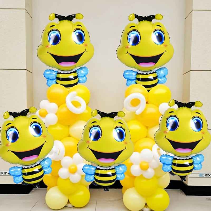 [Yellow Bee Balloons] 5-Piece Yellow Bee Foil Balloons | Large-Eyed for Birthday, Summer, Insect Parties | Background Decorations