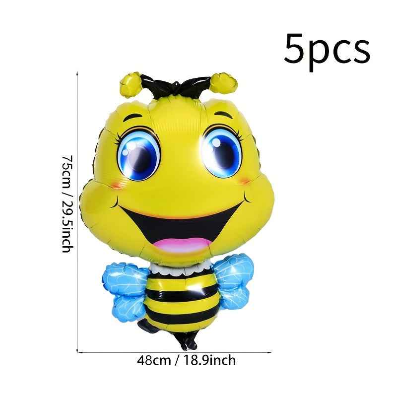 [Yellow Bee Balloons] 5-Piece Yellow Bee Foil Balloons | Large-Eyed for Birthday, Summer, Insect Parties | Background Decorations