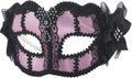 80s Pale Pink Black Lace Costume Venetian Eye Mask with Bows and Rhinestone by HalloweenStore.com
