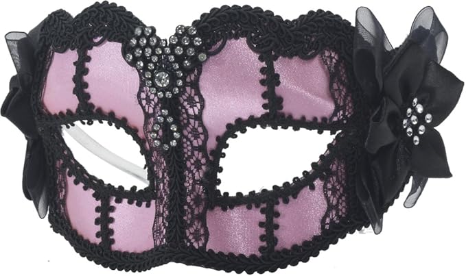 80s Pale Pink Black Lace Costume Venetian Eye Mask with Bows and Rhinestone by HalloweenStore.com