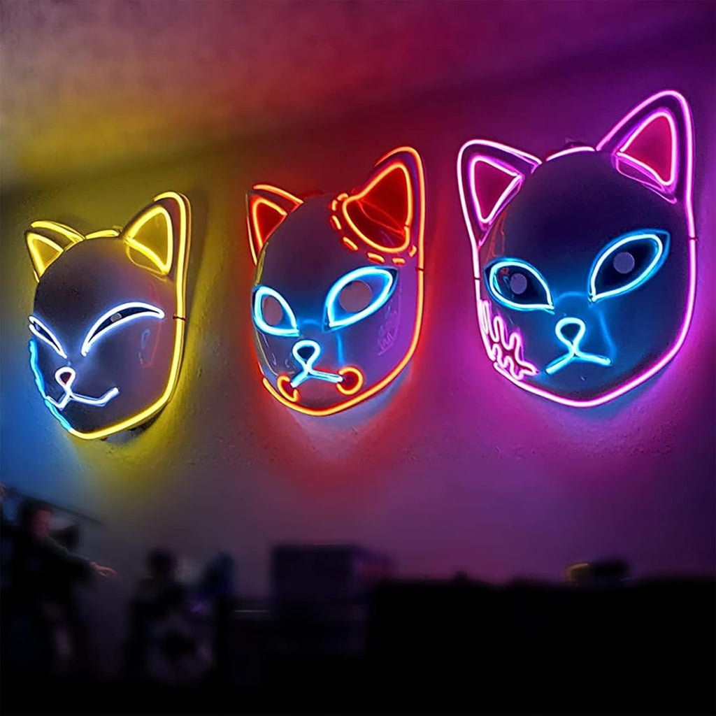 Demon LED Mask Slayers Costume Props Japanese Anime Plastic Fox Face Cosplay Glowing Masks for Adult Masquerade by SHOMICOBOUTIQUE