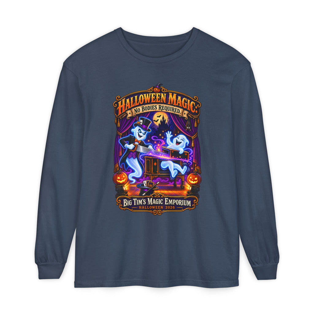 Halloween Magic Long Sleeve Tee — "No Bodies Required" Ghosts Design by Printify