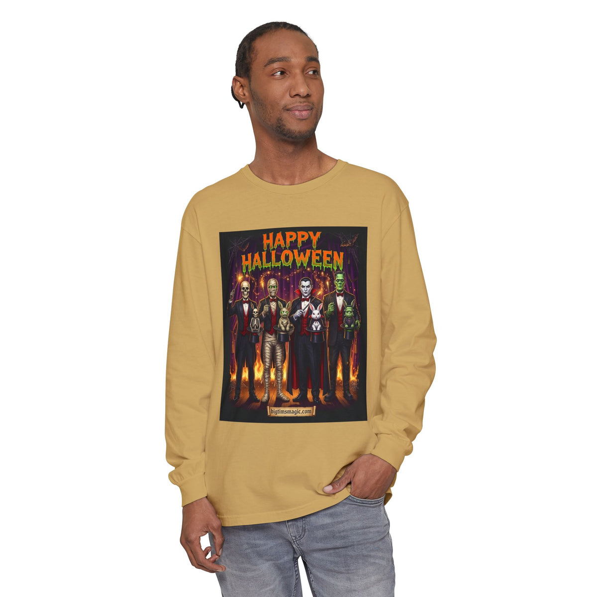 Halloween Monsters Long Sleeve T-Shirt — "Happy Halloween" Graphic by Printify