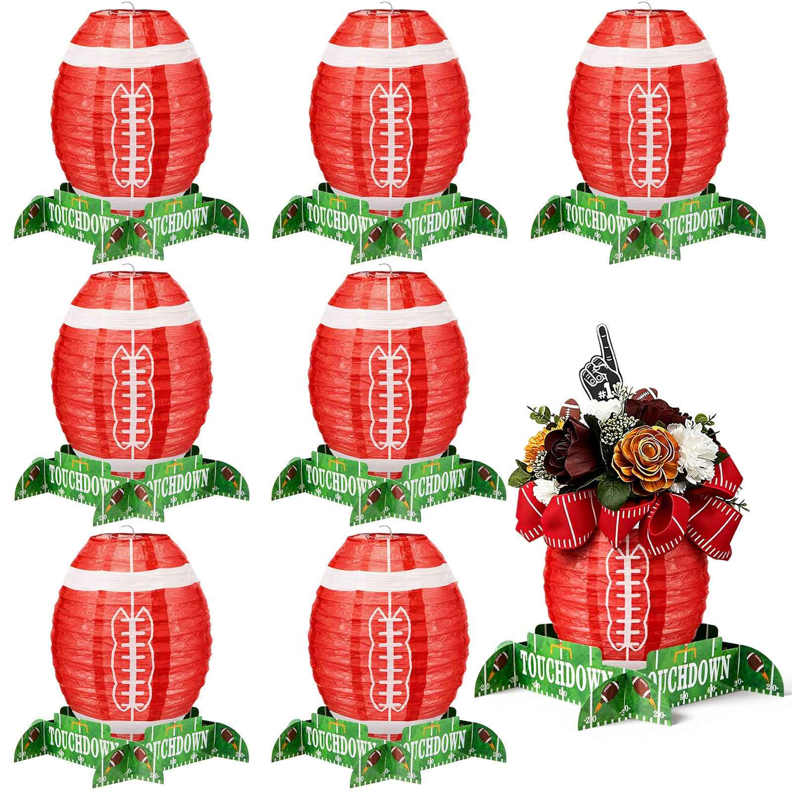 8pcs Football Paper Lantern Sports Fan Party Decor Table Centerpiece Decoration Set Soccerball Game Lantern with Stand Pieces for Game Day Tailgates Stadium Party Supply, 12 Inches (Red)