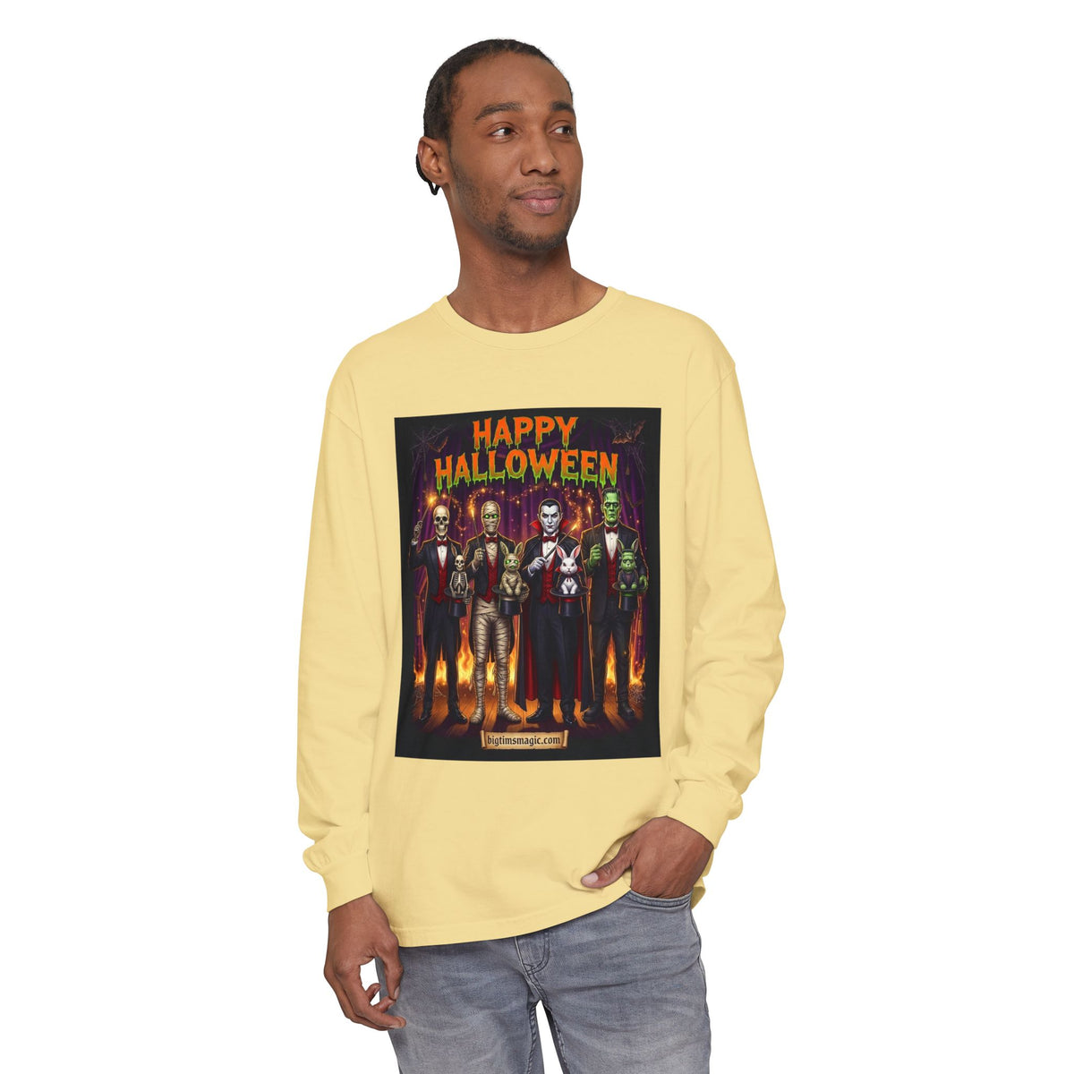 Halloween Monsters Long Sleeve T-Shirt — "Happy Halloween" Graphic by Printify