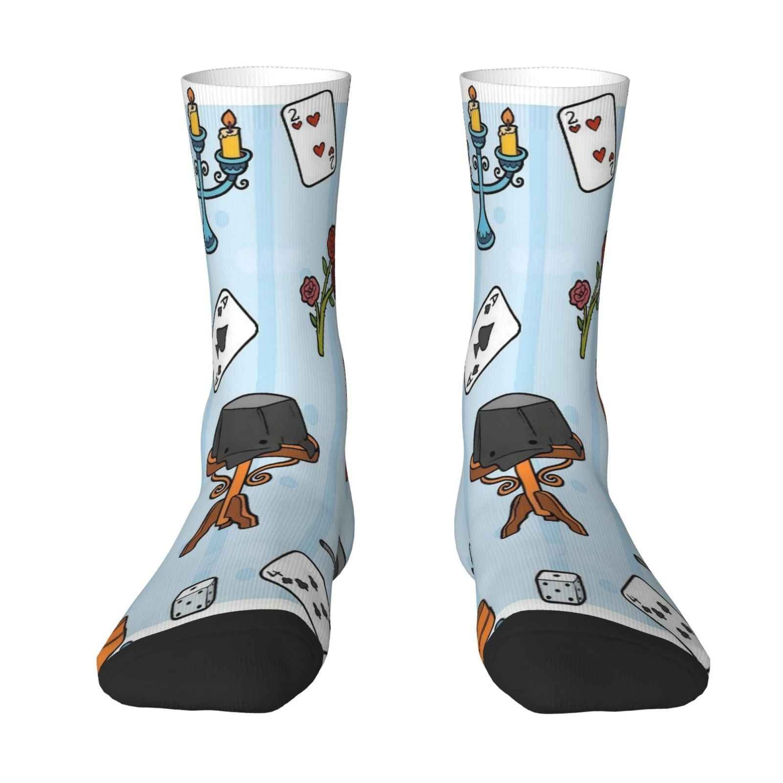 A Pair of Mid-Calf Socks Featuring a 3D Design with a Light Blue Base And a Colorful Magic Theme, Incorporating Elements Like Playing Cards, a Magician'S Hat, Doves, And Candlesticks